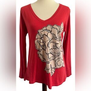 Old Navy Red Boho V Neck Floral Casual Long Sleeve Cotton Blouse Size Medium